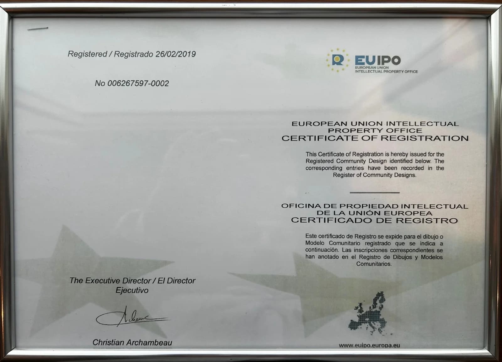 EUIPO Certificate of Registration No. 006267597-0002, dated 26 February 2019