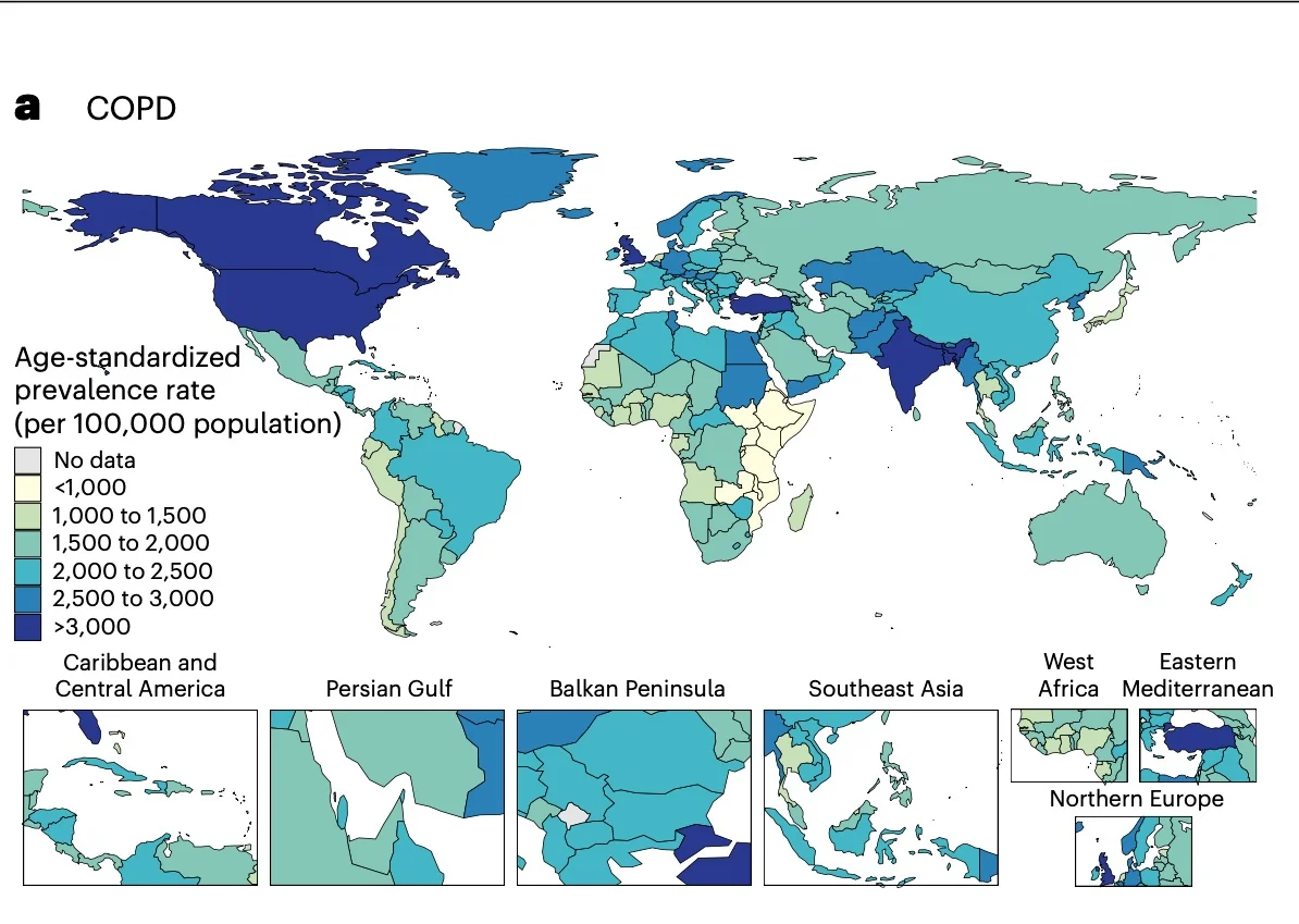 World map showing age-standardized COPD prevalence rate per 100,000 population across countries